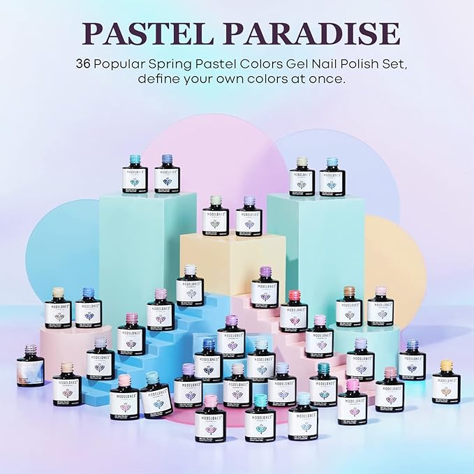 modelones 40 Pcs Gel Nail Polish Kit, 36 Colors 2026 Easter Spring Candy Pastel Gel Polish Set Soak Off LED Soft Light Purple Pink Blue Yellow Green with Base Coat& Matte Glitter Glossy Top Coat