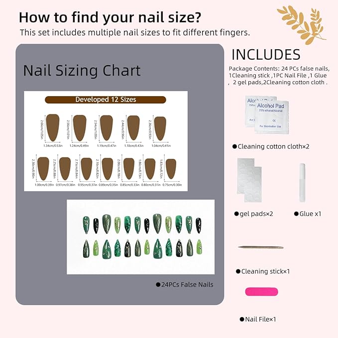Green Agate Press-On Nails with Gold Wave & Butterfly Design - 24pcs Reusable Fake Nails with 3D Rhinestones & Zodiac Decor for Women (Coffin Shape)