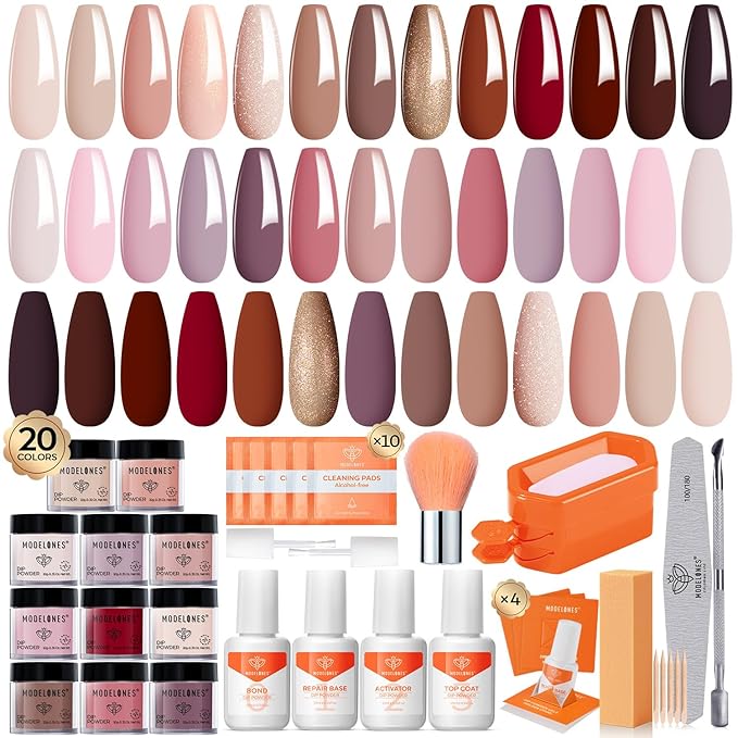 Modelones Dip Powder Nail Kit Starter, 20 Colors Pink Red Brown Spring Summer Dipping Powder Liquid Set Base&Top Activator for French Nail Art Salon DIY Kit