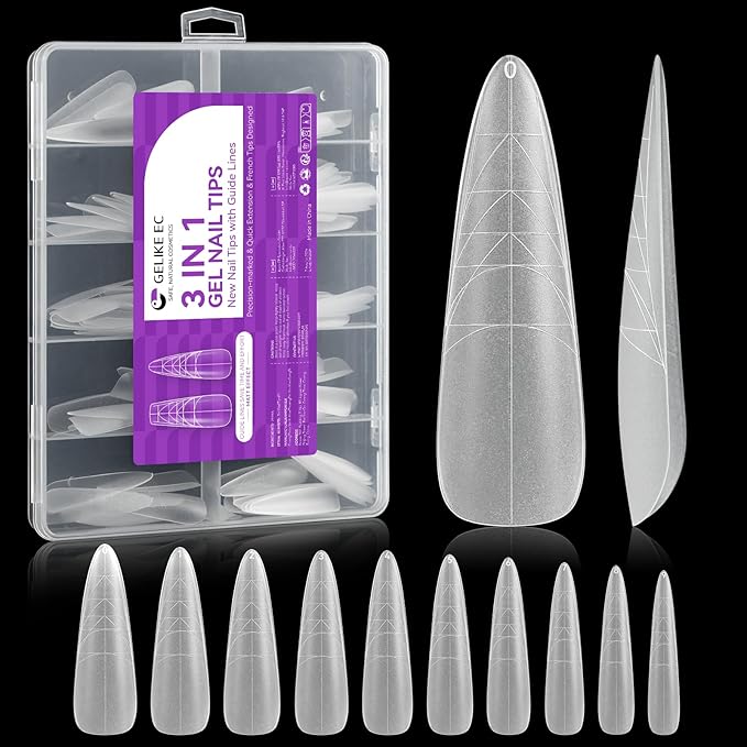 XXL Almond Gel Nail tips: 3 in 1 Gelike ec French Full Matte Guiding Line Nail Tips, Extra Long Gel Nails with Auxiliary Positioning Line, Nail Extension Tips for Beginners 84 Pcs 10 Sizes