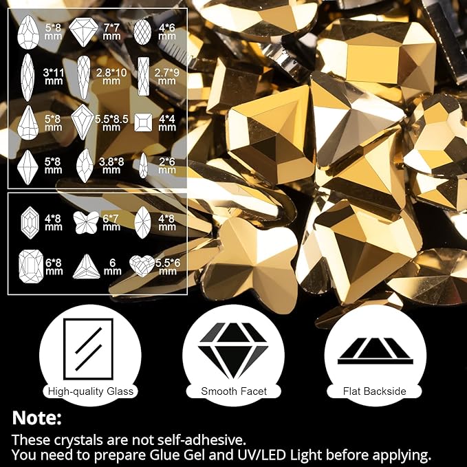 18 Styles Multi-Shaped Glass Gemstones for Nails and 6 Sizes Round Crystal Rhinestones Kit #9, Mineral Gold Nail Art Charm Bead Manicure Decoration with Pickup Pencil and Tweezer