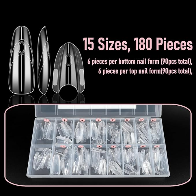 Sandwich Dual Nail Forms, Almond Round Nail Extensions Nails Mold, No Paper Forms Needed, Quick Polygel Extensions Salon Nail Art Tools 15 Sizes 180pcs