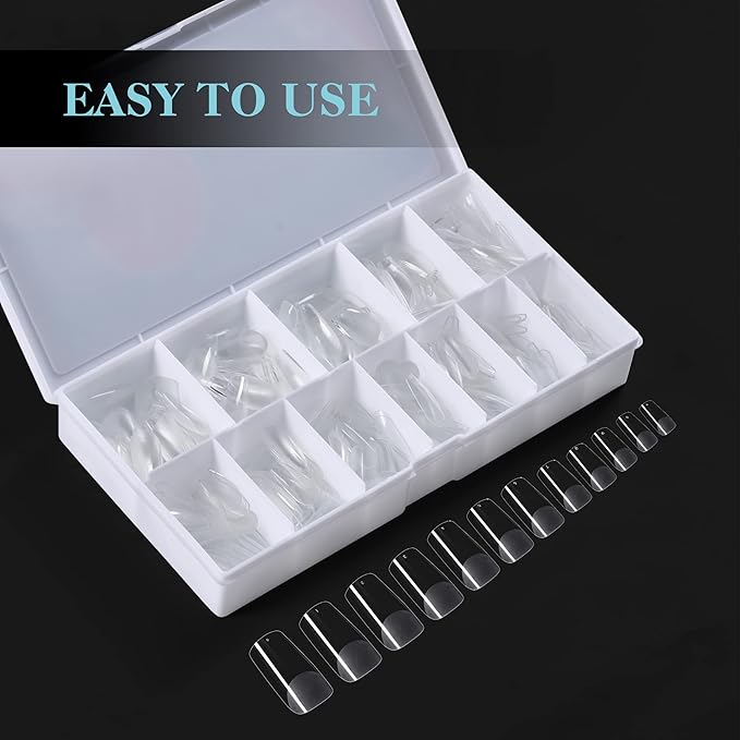 Gelike EC Soft Gel Full Cover Nail Tips Kit for Soak Off Nail Extensions, 552 Pcs Clear Medium Square Gelly Tips Pre-Buff PMMA False Press on Nail Tips, 12 Sizes