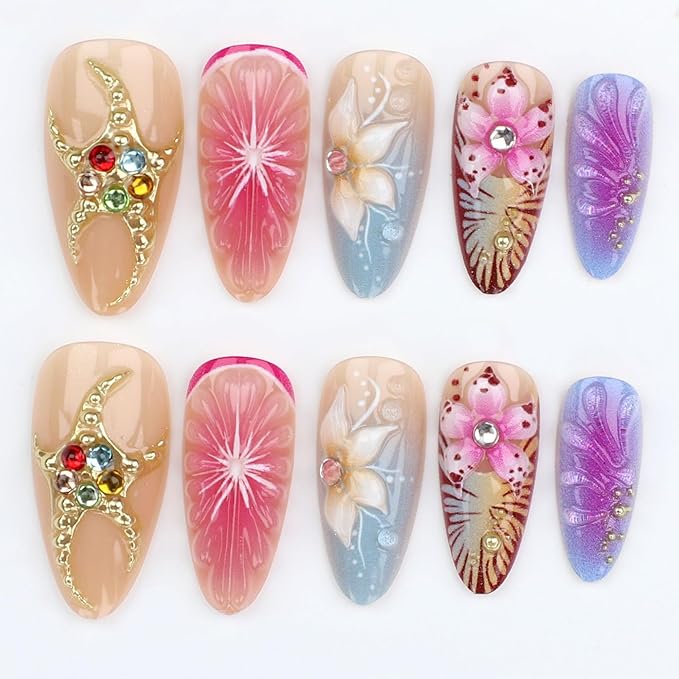 Long Press on Nails Almond Ombre Flowers Stick on Nail for Women 24pcs