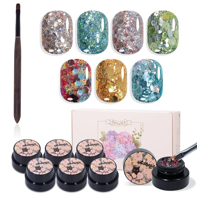 ADHERE Glitter Sequins Gel Nail Polish Set, 7 Colors Holographic Sparkle Sequins Gel Polish with Brush,Silver Champagne Gold Manicure Diy Nail Art Soak Off UV LED for Home Salon