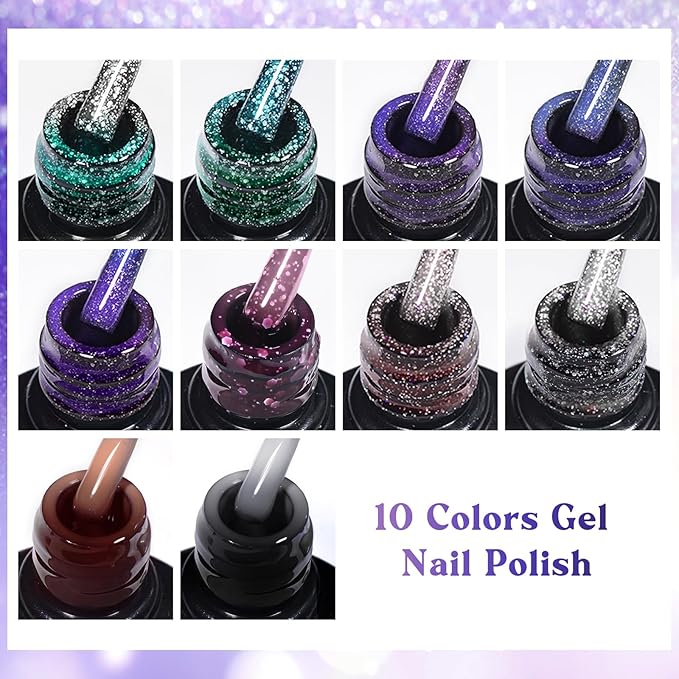 MEET ACROSS Color Changing Gel Nail Polish Set, 12 PCS Shimmer Glitter Mood Temperature Change Colors Kit, Black Brown Green Purple UV Thermal Manicure Gel Gift