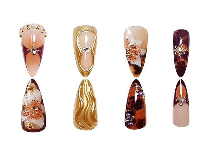 Medium Press on Nails Almond Brown Flowers Stick on Nail for Women 24pcs