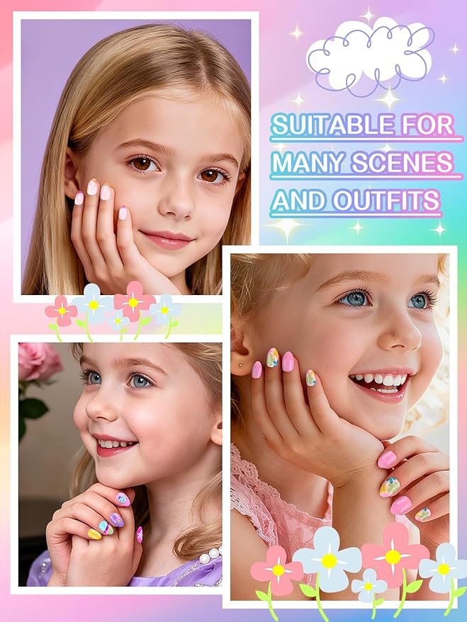78PCS Kid Press on Nails, EBANKU 3 Pack Children Fake Nail Kit Full Cover Short False Fingernails with Nail Glue for Girl Nail Decoration（Pink Flower）