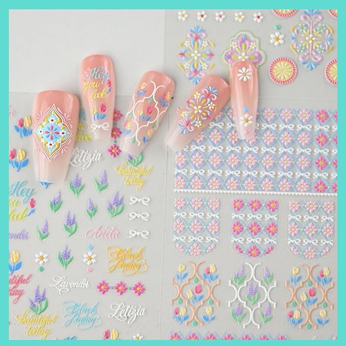 Colorful Bohemian Nail Art Stickers, Summer Spring Flower Nail Decals, Self-Adhesive, Nail Accessories for Women, Nail Decorations 3 Sheets