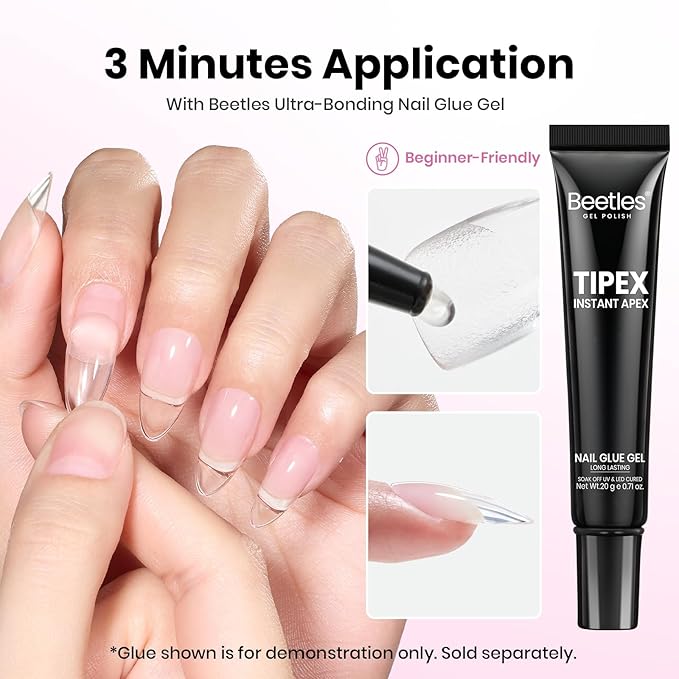 Beetles Tipex Lite Instant Apex Nail Tips, Short Coffin, 16 Sizes | 00–14, Built-in Apex Acrylic Tips for Flat & Natural Nail Beds, Beginner-Friendly Easy DIY Nail Extensions