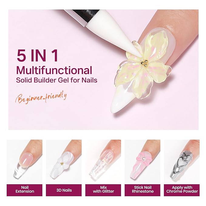 MIZHSE Solid Builder Gel for Nails, Non-Sticky Clear White Pink 3D Nail Art, Sculpting Building Hard Gel with Dual Form Silicone Pen for Carving Patterns Decoration Nail Art Manicure Home DIY
