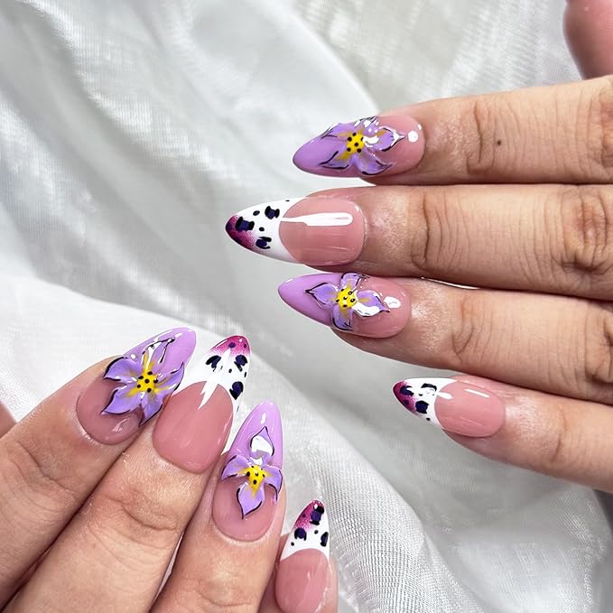 Luxury Handmade Press On Nails, Purple French Medium Almond with 3D Flowers, Winter & Autumn Gradient False Nails,Reusable Multi-Layer Post-Gel Acrylic Nails for Women .(10pcs)