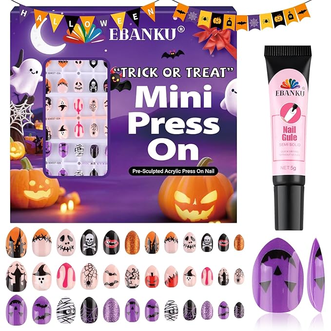 EBANKU Halloween Kid Press on Nails, 72Pcs Almond Fake Nails Kit Full Cover Bat Pumpkin Wed Design Stick on Nail with Nail Glue for Girl