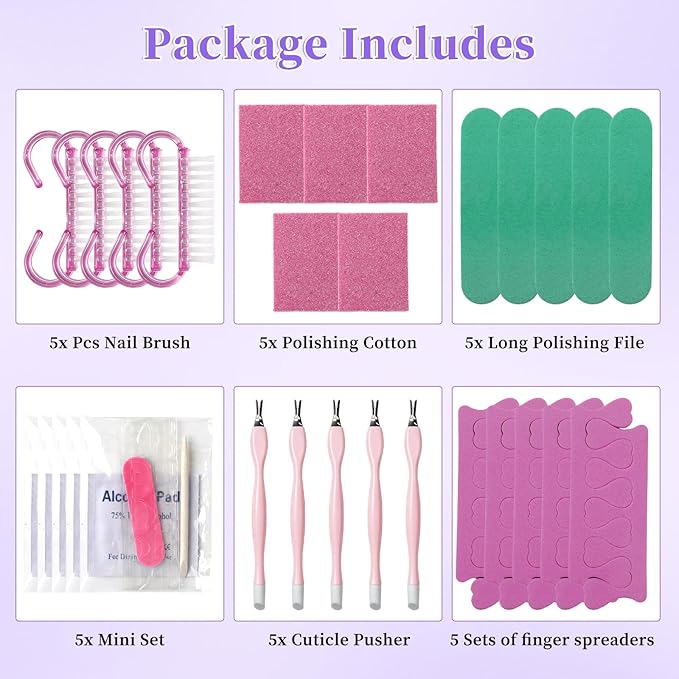 TADOPRO 5PCS Press On Nail Tool Kit, Disposable Nail Prep Kit for Toenails Salon Home Nail Business Supplies with Toe Separators, Nail File, Handle Grip Nail Brush, Cuticle Trimmer Push, Nail Buffer