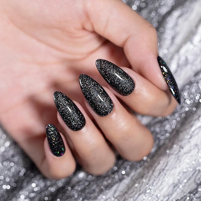 RARJSM Black Glitter Gel Nail Polish Chunky Iridescent Rainbow Sparkle Laser Holographic Small Flakes Shimmer Diamond Gel Polish Single Bottle Soak off UV LED Cured for Home Salon Manicure 15ML