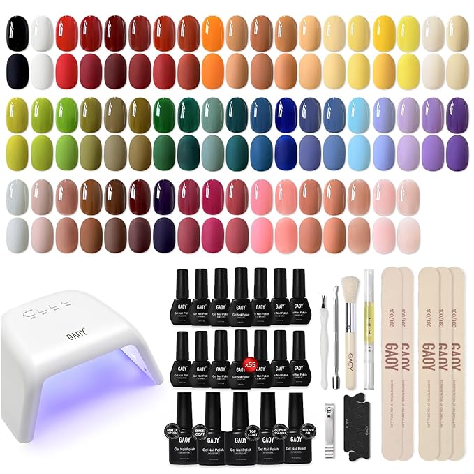 GAOY 60 Pcs Gel Nail Polish Kit with U V Light, All Season Gel Polish Set Red Nude Black White Pink with Soak off Base Glossy Matte Glitter Top Coat & Builder for Nail Art DIY Manicure at Home