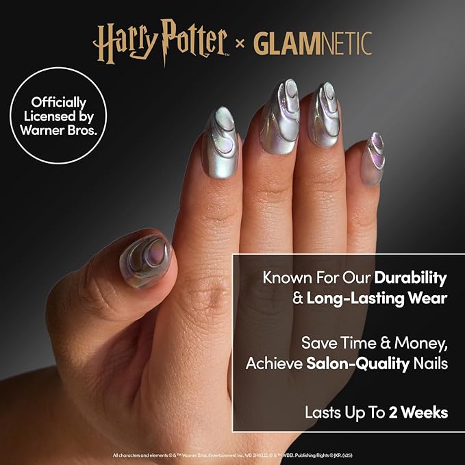 Glamnetic Press On Nails x Harry Potter™ - Unicorn Blood | Short Almond Fake Nails with Silver Chrome & 3D Swirl Design, Salon Quality Officially Licensed | 15 Sizes - 30 Nail Kit with Glue