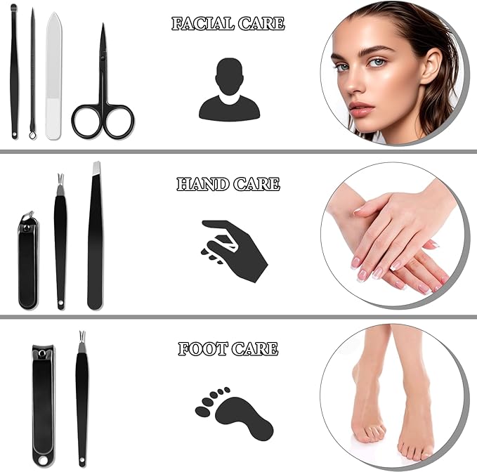 Manicure Set 8pcs Professional Nail Clippers Kit Pedicure Care Tools-Stainless Steel Grooming Tools for Travel (Black)