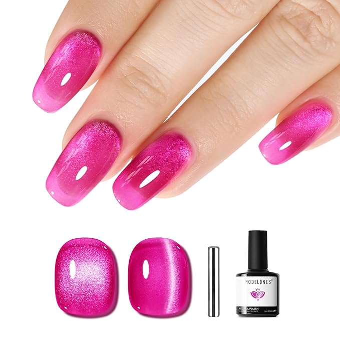 modelones Cat Eye Gel Nail Polish Pink Glitter Holographic Hot Pink Cat Eye Neon Shimmer Reflective Translucent U v Gel Magnetic Nail Polish Top Coat for Women Valentin 15ML