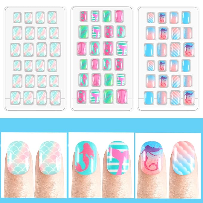 Laza 72pcs Children Nails Press On Pre-glue Full Cover Mermaid Pink Green Blue Scale Shell Short False Nail Kits for Kids Teenager Girls - Mermaid’s Dream