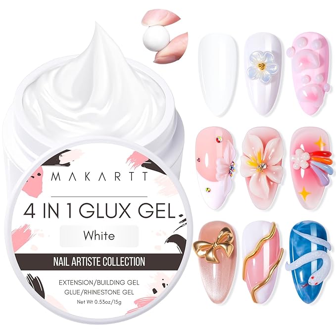 Makartt White 3d Gel Nail Art: 4-in-1 3d Nail Gel Sculpting Gels White Non-sticky for Extension, 15ML Solid Builder Nail Gel UV Glue for Acrylic Tips, Rhinestones & Sculpture Gels for Nails Salon Home