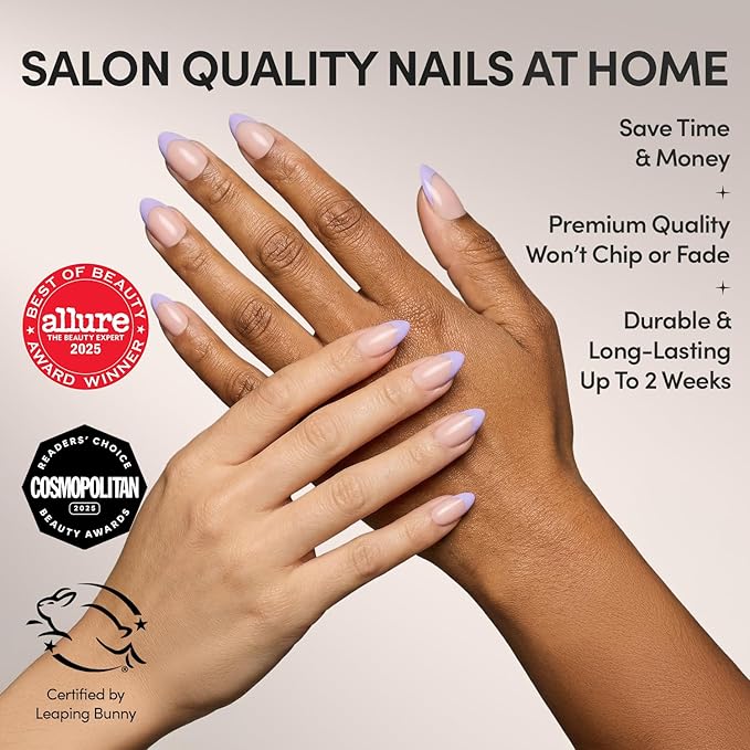 Glamnetic Press On Nails - French Lilac | Short Almond Fake Nails with Purple French Tips and a Glossy Finish, Salon Quality | 15 Sizes - 30 Nail Kit with Glue