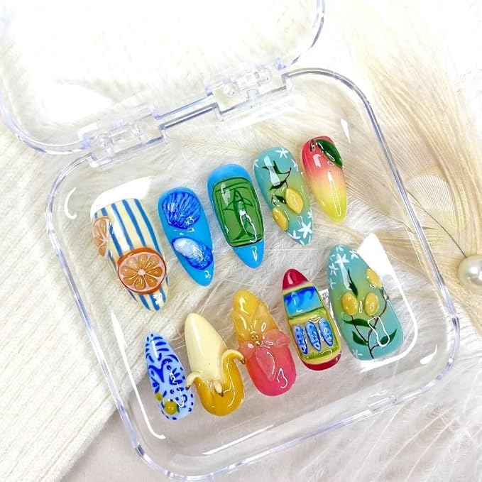Press On Nails Medium Almond Shape False Nails, Handmade Acrylic Gel Fake Nails with Art Designs, Reusable 10 Pcs 3D Nails for Women DIY Manicure Kit