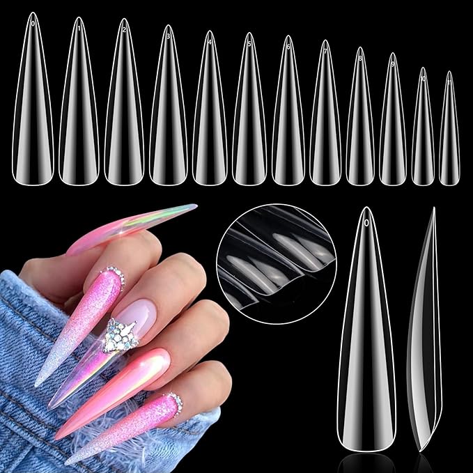 504PCS 3XL Stiletto Nail Tips, Full Cover Clear Nail Tips for Acrylic Nails Professional, 12 Sizes Tapered Square Acrylic Press On Nail Tips for Nail Salons Home DIY