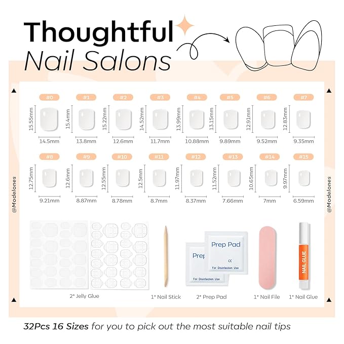 Modelones Extra Short Press on Nails,Sheer White Semi-Transparent Squoval Fake Nails, Reusable Nail Kit with Nail Glue Adhesive Tabs Mini Nail File, Nails Press Ons 32Pcs 16 Sizes, Women Girl Gift