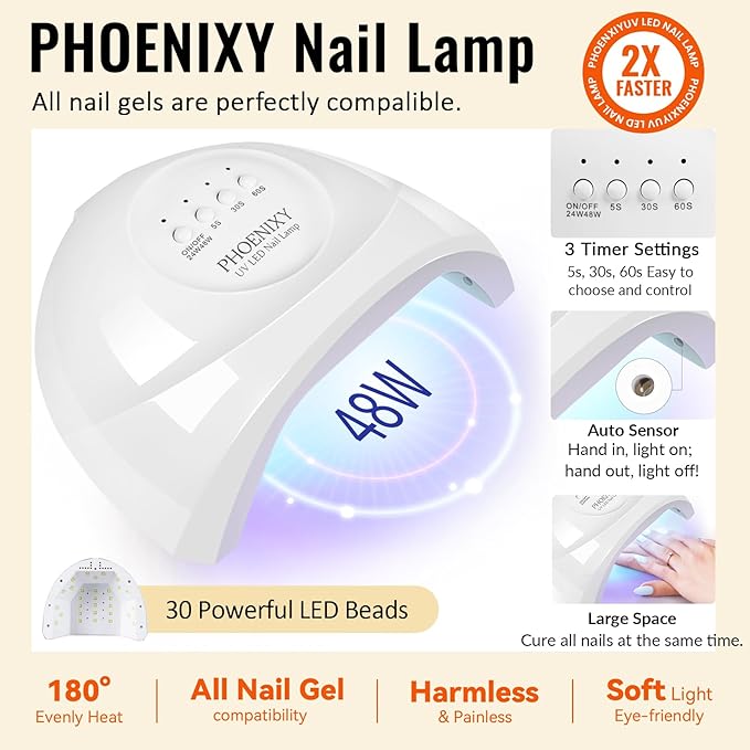 phoenixy Gel Nail Polish Kit with U V Light 74 Pcs Gel Nail Kit 55 Colors Nail Polish Set Complete Nail Set with Base Coat & 4 Effects Top Coat Manicure Tools Christmas Gift for Women