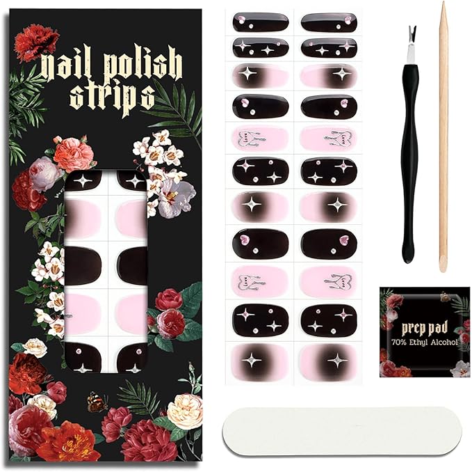 Nail Polish Strips (No UV Lamp Needed) - 22 Pcs Salon Quality Gel Nail Stickers - Long Lasting Wraps (Heartbeat on Black)