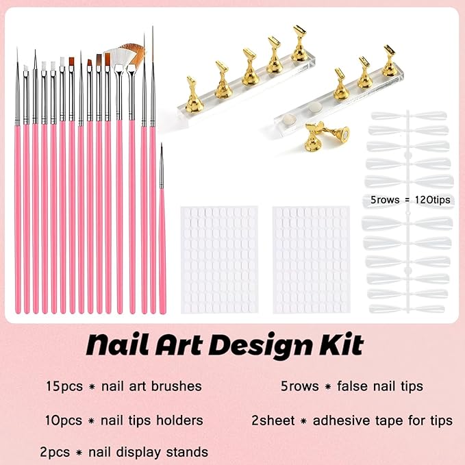 Nail Stand Set for Press Ons, Starter Design Tools Kit Practice Display 15PCS Nail Art Brushes 120PCS Clear Almond Fake Tips Nail Holder for Painting Double-Sided Adhesive Tape Home Manicure