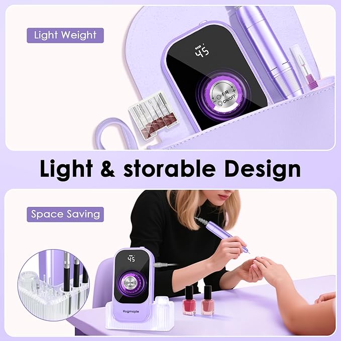 Professional Electric Nail Drill File, HUGMAPLE 45000RPM Portable E-File Machine with Bits & Base, Cordless Rechargeable Nail Drill Kit for Shaping, Removing & Polishing Gel Nails Salon Home (Purple)