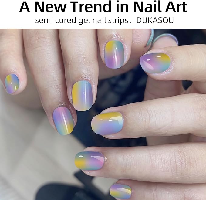 Semi Cured Gel Nail Strips,28 Pcs Gel Nail Stickers/Wraps(Colorful Aurora),Long Lasting Polish Stickers UV Cure,Works with UV Lamp,Easy to Apply