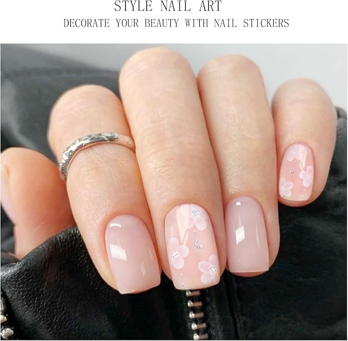 JMEOWIO Gel Nail Stickers Glitter White Flower Semi Cured Gel Nail Strips Wraps UV/LED Nails Art Design Decoration Accessories