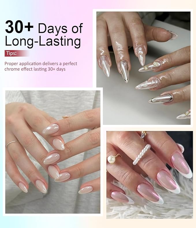 3D Gel Nail Art Design BISHENGYF - 15g Clear No Wipe Nail Polish Rhinestone Nail Art Glue with White Silver Chrome Powder Metallic Mermaid Effect Nail Powder for Nail DIY