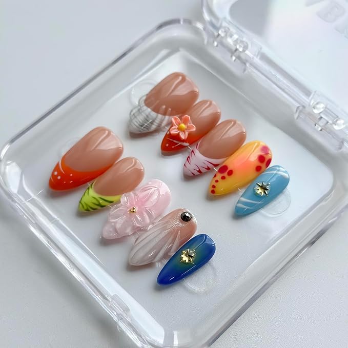 Luxury Press on Nails Medium Almond Handmade 3D Unique Reusable ABS Material Fake Nails French Tip False Nails with Designs Floral Shell Summer Glossy Glue on Nail Thick Acrylic Nail(M)