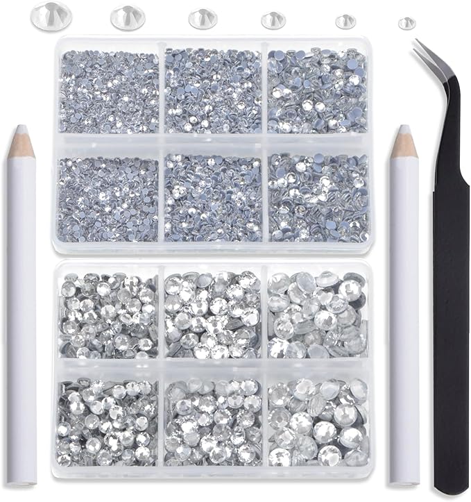 NCB Hotfix Iron on 8000pcs Crystal Rhinestones Round Gem for Crafts Decoration DIY Jewelry Making with a Tweezers and 2 Picking pens (Clear Crystal, 6Sizes SS4-SS30)