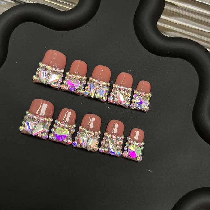 Luxury 3D Crystal Handmade Press on Nails Short Duck False Nails with Colorful Rhinestones Designs Salon DIY Thick Manicure Reusable French Tip Glossy Pink Fake Acrylic Nail Art for Women（S)