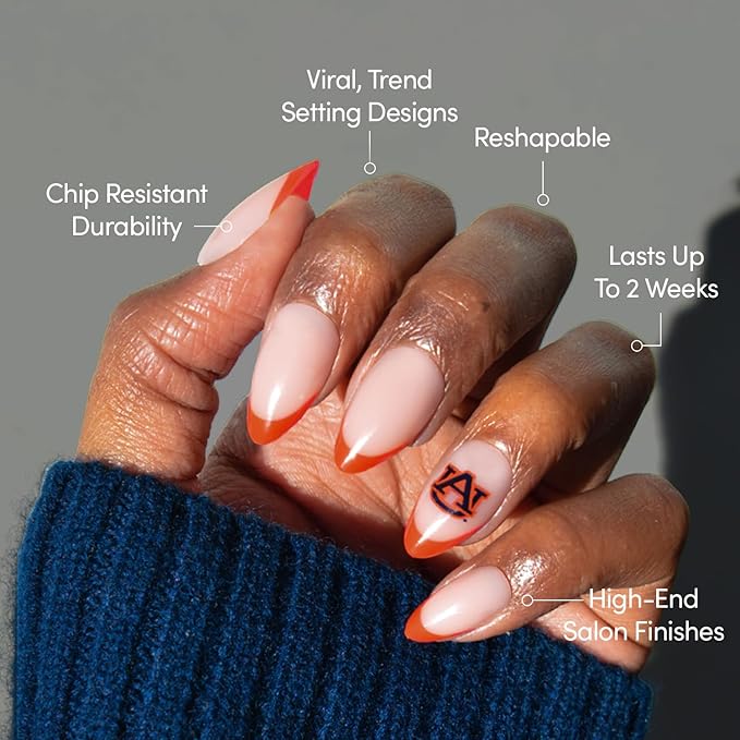 Glamnetic x Fanatics Press On Nails - Auburn Tigers | Short Almond Fake Nails, Collegiate Tiger Orange French Tips, College Nails, Salon-Quality | 15 Sizes - 30 Nail Kit with Glue