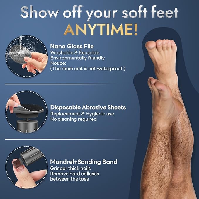 JINYAWA Electric Foot Callus Remover - 2-in-1 Rechargeable Cordless Foot File with LCD Display & 6 Speeds - Professional Foot Sander for Dead Skin, Thick Nails, Heels and Soles (Gray)