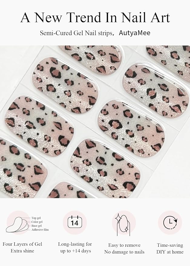 Semi Cured Gel Nail Strips (Leopard Print Cat Eye), Brown, 20 Pcs Fall Gel Nail Wraps, Stickers, Salon Quality, Works With Any UV Lamps