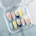 Handmade Press on Nails 3D Pink White Flower Fake Nails Salon Quality Medium Almond Acrylic Nail French Summer Starfish False Nails Designs Full Cover Stick on Nail for Women（Size M）