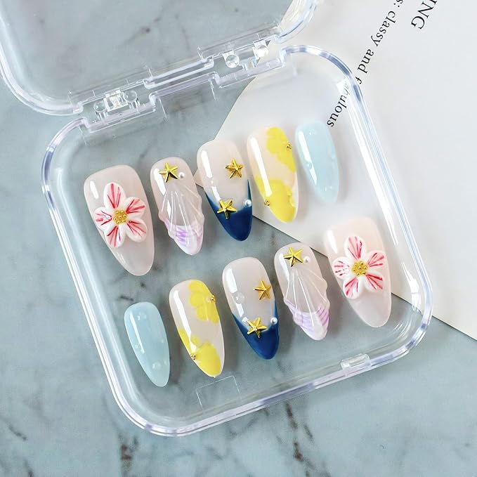 Handmade Press on Nails 3D Pink White Flower Fake Nails Salon Quality Medium Almond Acrylic Nail French Summer Starfish False Nails Designs Full Cover Stick on Nail for Women（Size M）