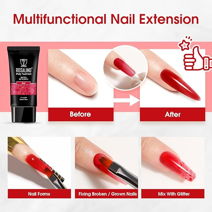 ROSALIND 2 oz Red Christmas Poly Nail Gel, Big Tubes Builder Red Gel for Nails Art Decoration, Nail Thickening Easy to DIY Use at Home Need UV Lamp