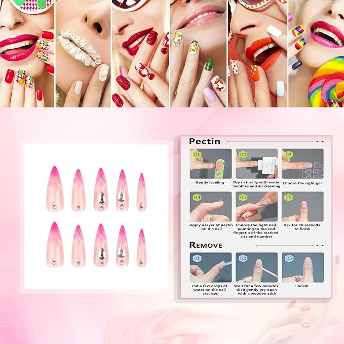 Rchvosam xxl French Tip Press on Nails Extra Long Almond False Nails Press Ons 3D Stripe Diamond Design Fake Nails Full Cover Acrylic False Nails Gift for Women 24pcs