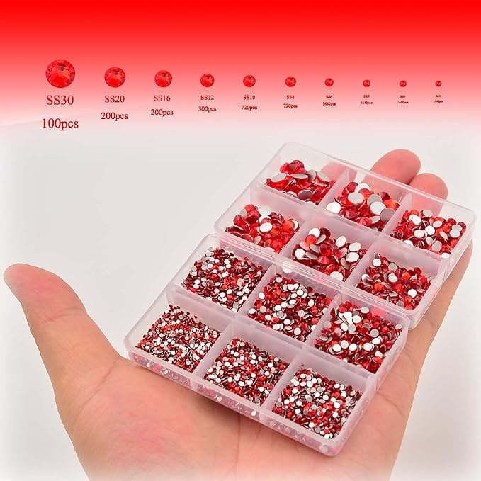 NCB 8000pcs Non Hotfix Rhinestones 10 Sizes Flatback Crystal Glass Rhinestones with Tweezers and Picking Pen for Nail Art Clothes Bags Phone Decorations Crafts DIY (019 Siam Mix SS3-SS30)