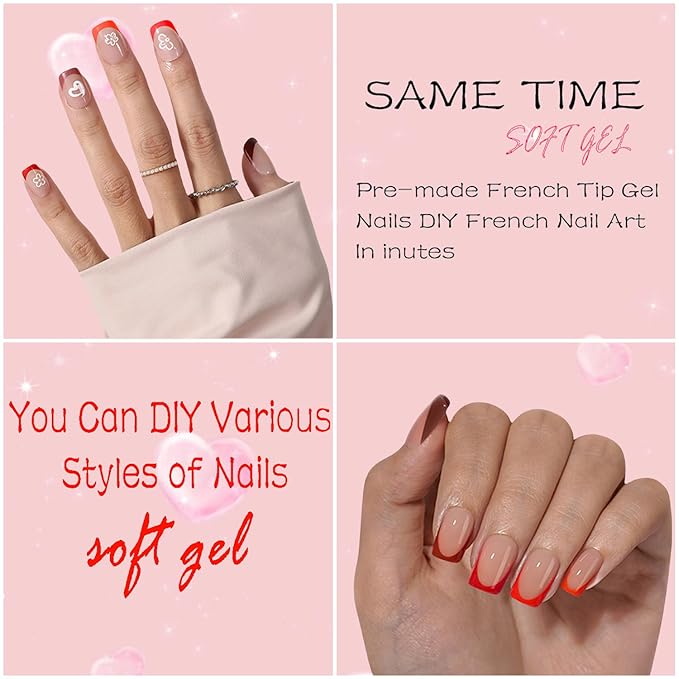 Red French Tip Press on Nails, 150pcs Soft Short Square French Gel Nail Tips in 15Sizes, Pre-lasting Soak Off Acrylic Fake Nails, No Need to File False Nail Tips Extension for Women Nails