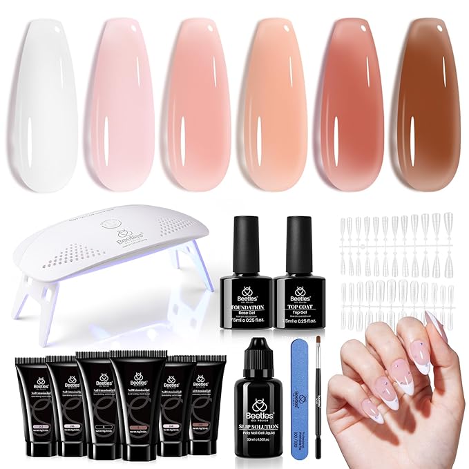 Beetles Poly Nail Gel Kit - 6 Colors Jelly Nude Extension Kit with Slip Solution Builder Nail Enhancement for Beginner & Professional Long Lasting DIY Home Gift for Women, UV & LED Needed