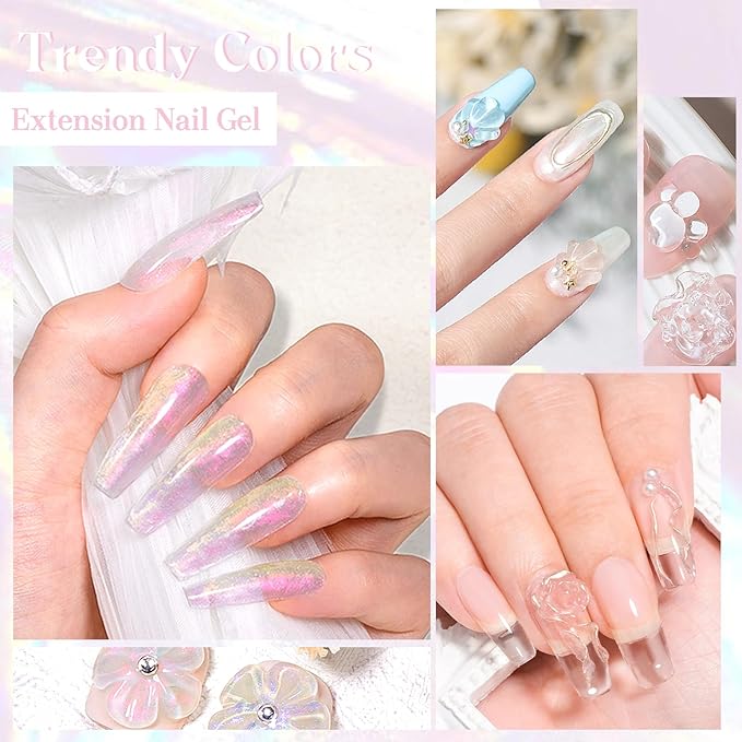 MEET ACROSS All-in-One Extension Mini Kit 2×7ml Non-Sticky Builder Gel Starter Kit WIth Base & Top Coat/Dual-Silicone Pen/Pro File/20-Pc Reusable Dual Forms Salon-Grade Extensions (Clear+Ultra Pink)